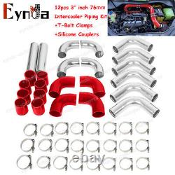 12Pcs 3 Inch Universal Sliver Intercooler Piping Kit Coupler T-Bolt Clamp Turbo