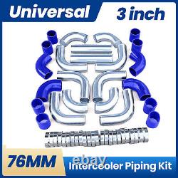 3 Universal Turbo Intercooler Aluminum Pipe Piping + Hose Kit + T-Clamps Blue
