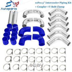 3 inch 76mm Universal 12Pcs Intercooler Piping Kit + Coupler T-Bolt Clamp Blue