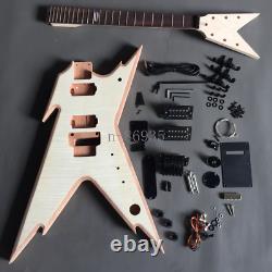 Flamed Maple Veneer Unfinished DIY Electric Guitar Kits FR Bridge Black Hardware