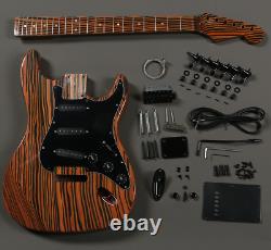 Unfinished ST DIY Electric Guitar Kits Zebra Top Veneer Black Hardware Dot Inlay