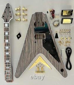 Unfinished vv DIY Electric Guitar Kit V style Whole Body Zebrawood FREE SHIPPING