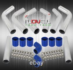 Universal Diy Custom 8Pcs Silver Pipe Intercooler 3 Piping Kit + Blue Couplers
