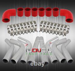 Universal Diy Custom 8Pcs Silver Pipe Intercooler 3 Piping Kit + Red Couplers