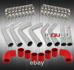 Universal Diy Custom 8Pcs Silver Pipe Intercooler 3 Piping Kit + Red Couplers